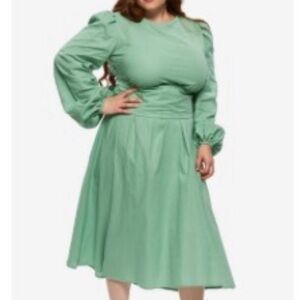 Linen Mint Green Long-Sleeve A-Line Midi Dress bow in back